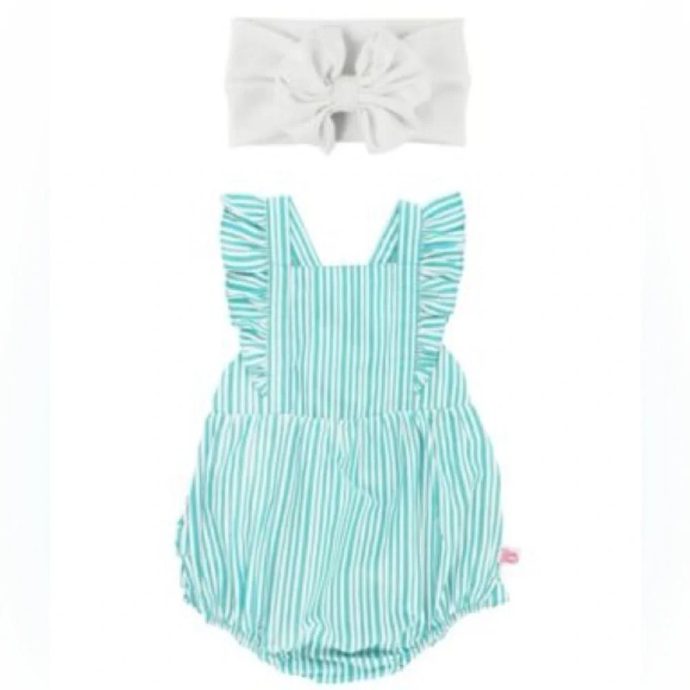 NWT Ruffle Butts Bella Aqua Blue Stripe Bubble Romper W/ Headband Sz 6-12M